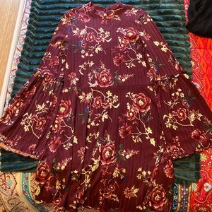 Love, Fire. Burgundy floral patterned dress, high neck with buttons to secure